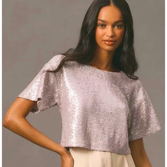 Anthropologie Tops - Anthropologie Lilac Sequin Boxy Crop Top